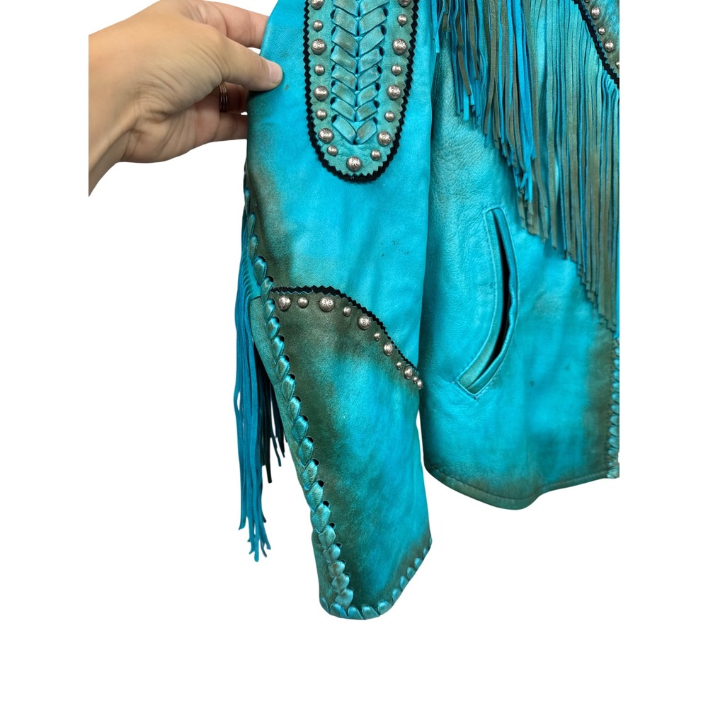 Gamino Turquoise Leather Fringe Western Jacket Studded Boho Whipstitch XL - Picture 5 of 12